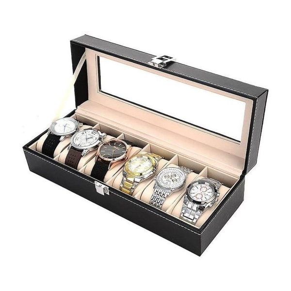 6 Slot PU Leather Watch Box Black