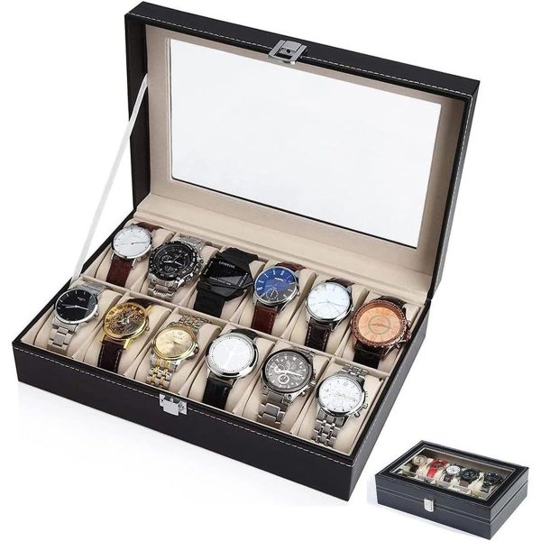 12 Slot PU Leather Watch Box Black