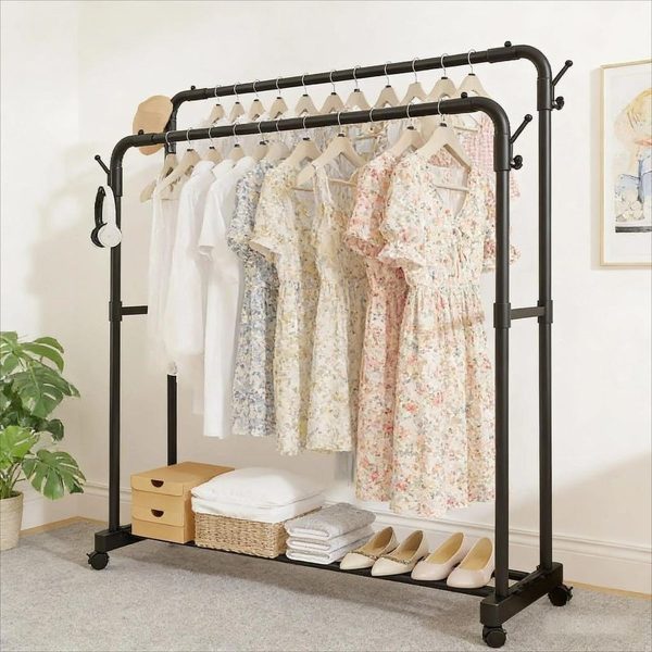 Double Pole Clothing Rack on Wheels 110x40x150cm