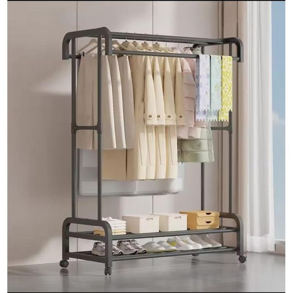 Double Pole Wheeled Clothes Drying Rack with Shoe Rack